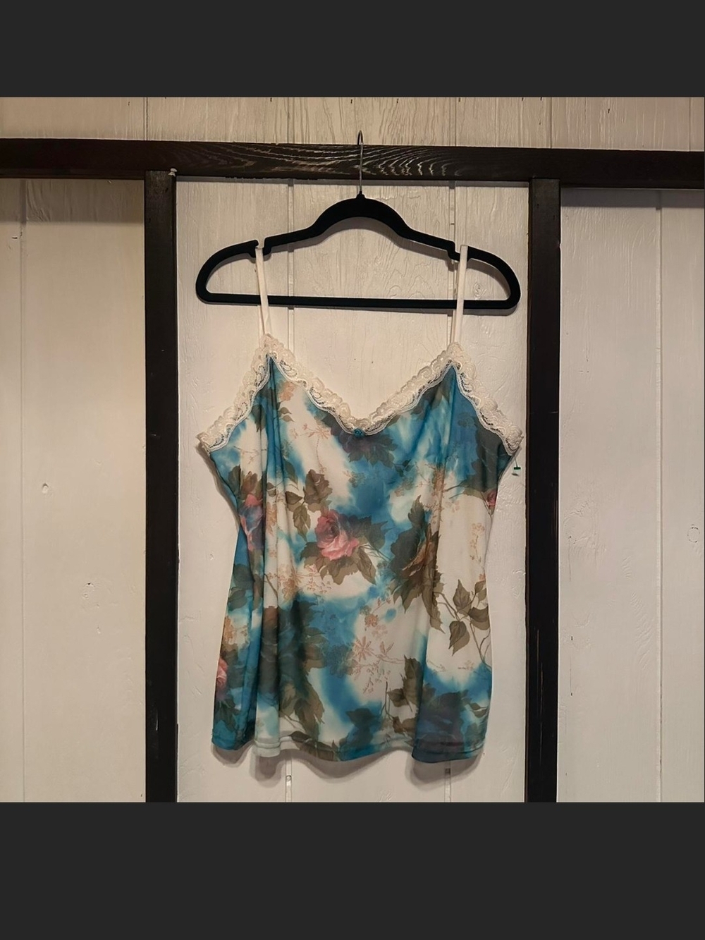 Floral Lace Trim Satin Cami in Blue and Cream